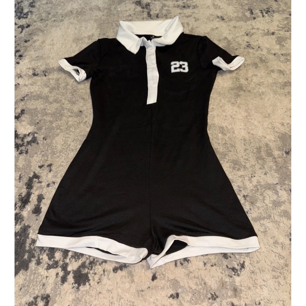 Women's Black / White Collared Short Sleeve Knit Romper One Piece Button Sz XS